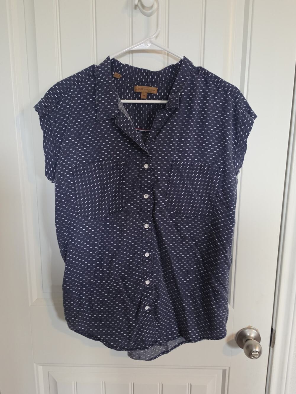 JACHS Girlfriend Womens M Navy Blue White Polka Dot Cap Sleeve Button Down Top